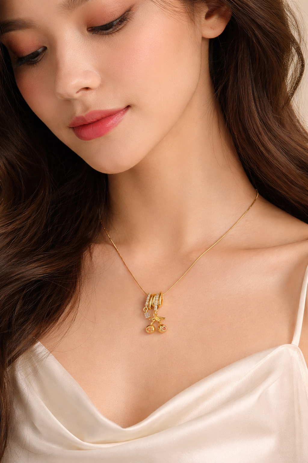 Golden Cherry Charm Necklace