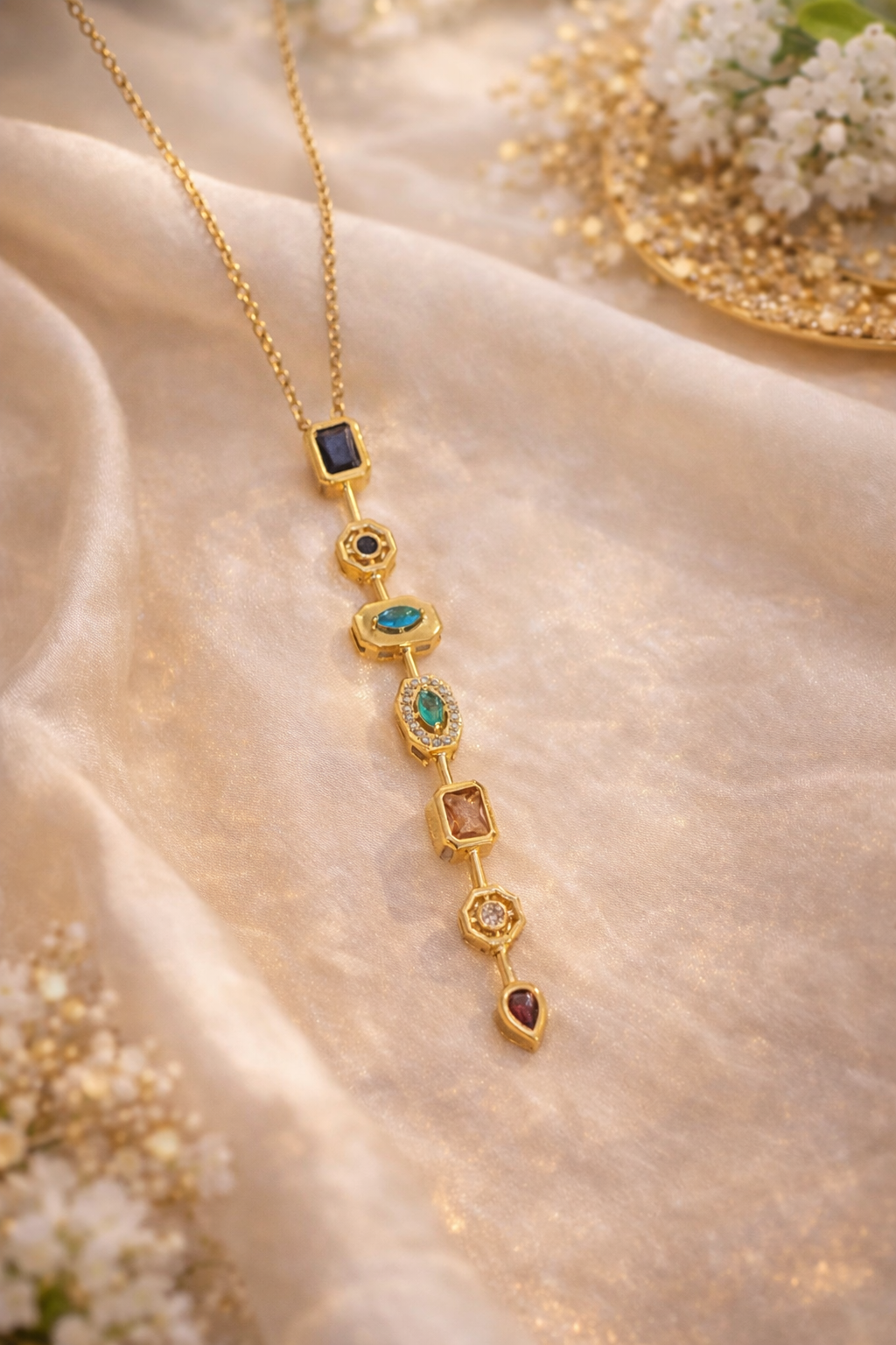 Golden Cascade Gem Necklace